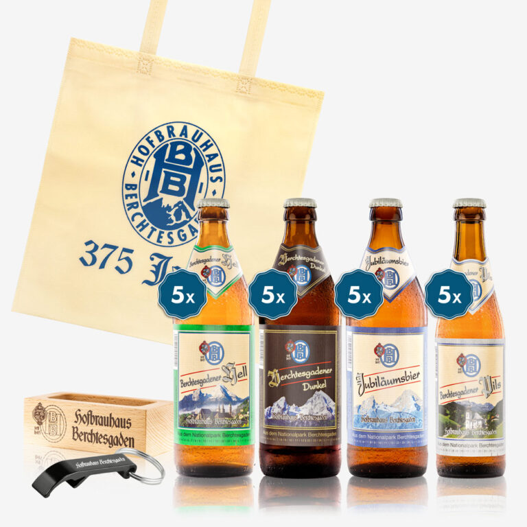 Die limitierte Hofbrauhaus Berchtesgaden Box mit je 5 Hell, Dunkel, Jubiläumsbier und Pil. Außerdem mit der Tragetasche, einem Öffner und einem Bierdeckelhalter
