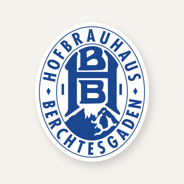 Hofbrauhaus Berchtesgaden Aufkleber oval, blaues Jubiläumslogo auf weißer Vinylfolie